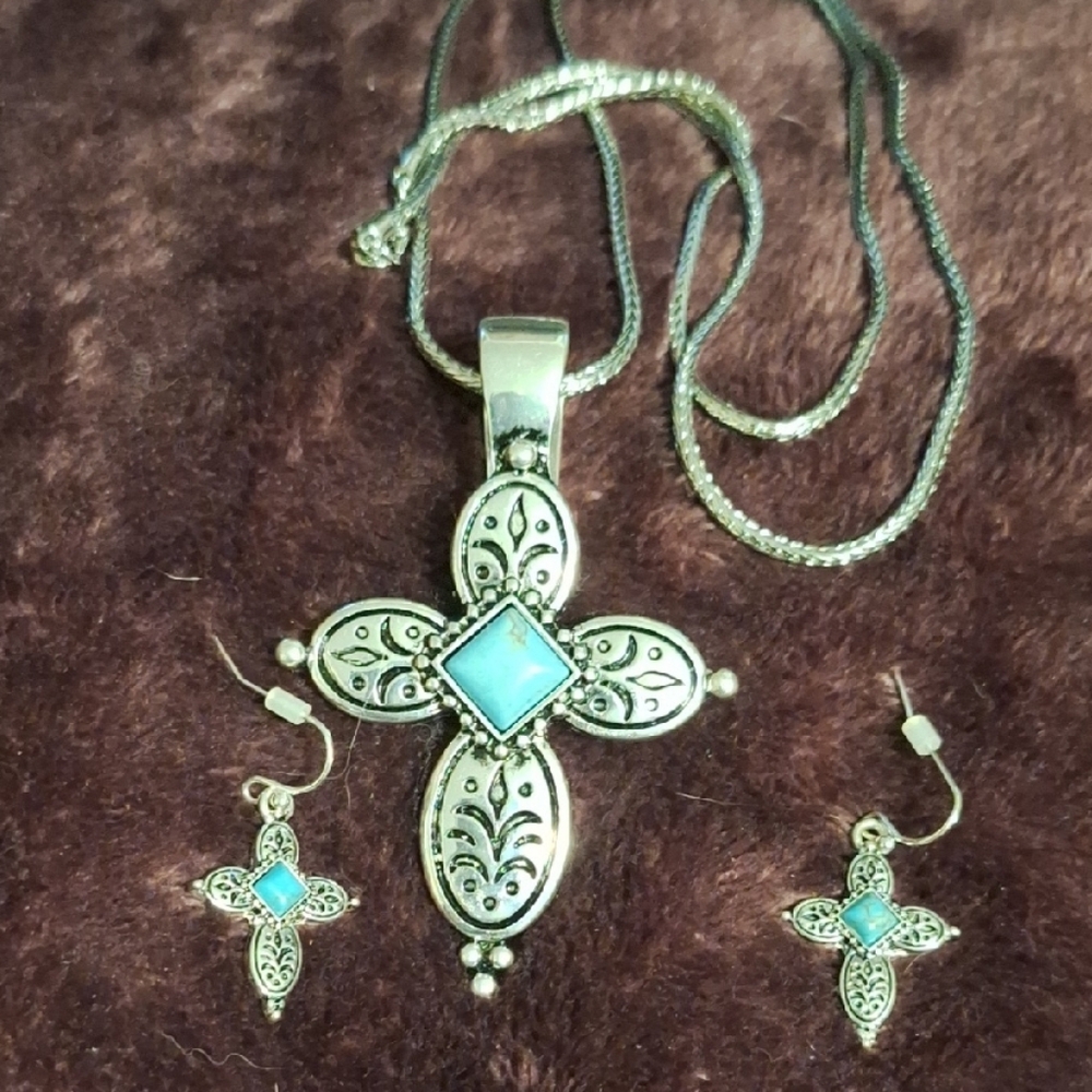 Silver Plated and Turquoise Cross Pendant Necklace and Earring Set